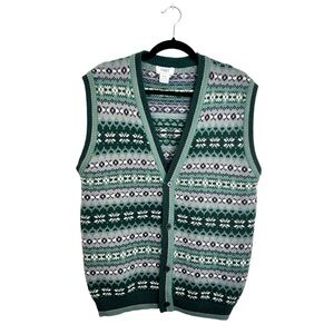 Vintage teal green fair isle knit button front sweater vest cardigan M